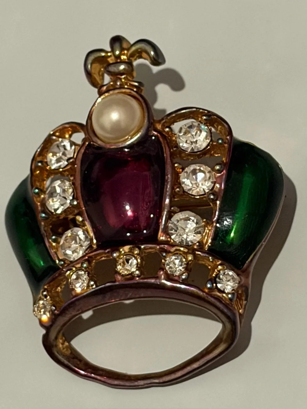 VTG Mardi Gras Brooch Pin Faux Pearl Green And Purple Enamel